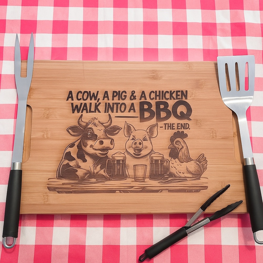 A Cow, A Pig & A Chicken Walk Into a BBQ Bamboo Cutting Board – 17” x 12.5”